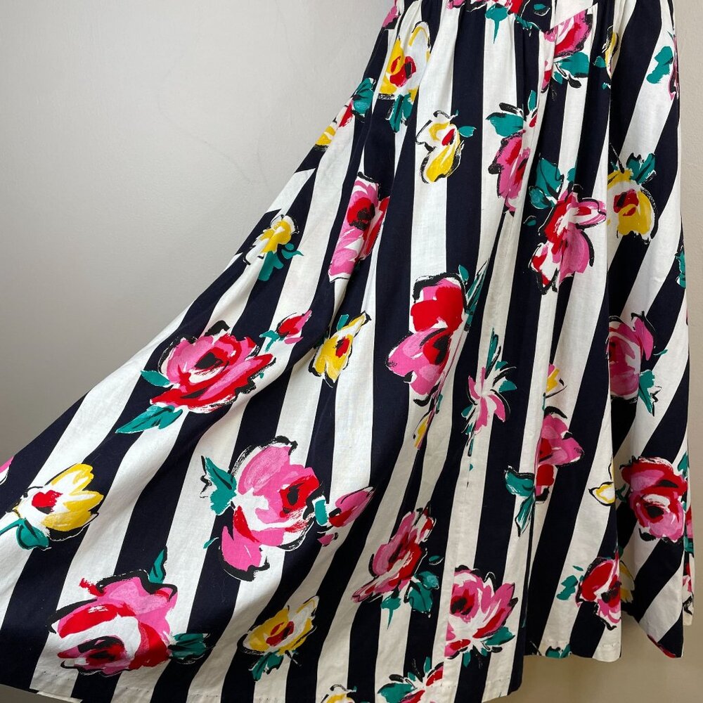 Vintage Garden Tea Party Midi Dress 10 Whimsical Alice Floral Stripe Bow Back - Picture 4 of 14
